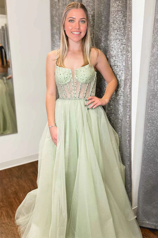 Vestido de fiesta de tul con lentejuelas y cuentas, tirantes finos en forma de A